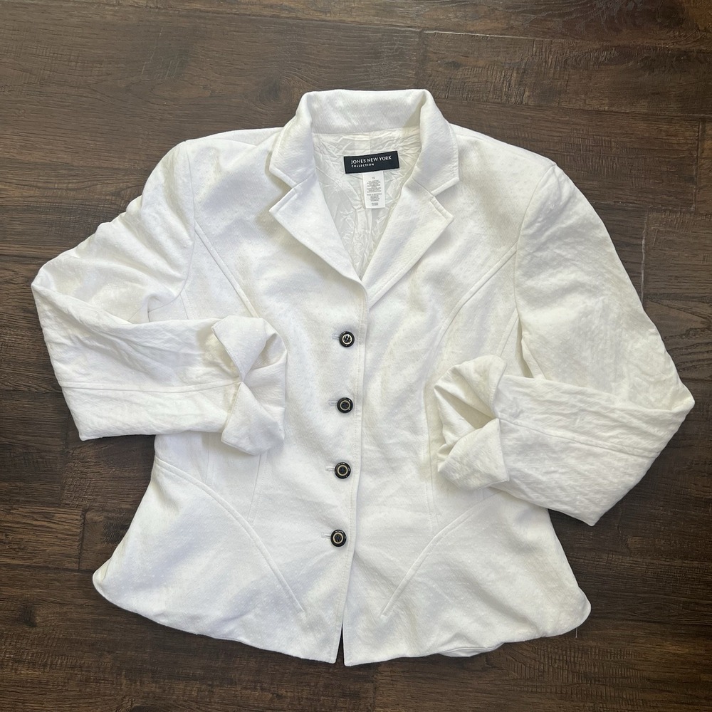 Jones New York White Button Up Blazer Jacket Woman 10 Office Wear Casual Core